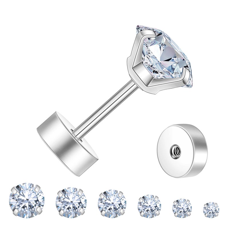 Monily Flat Back Stud Earrings for Women Cartilage Earrings Surgical Steel Earrings CZ Studs 6 Pairs 18G - Image 3